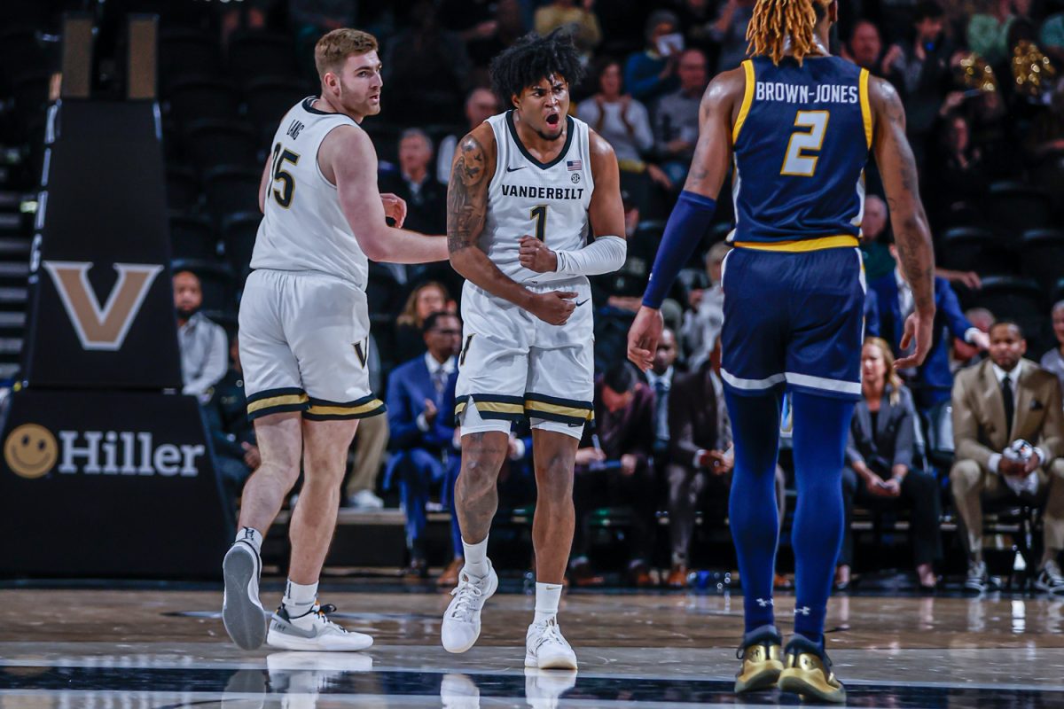 Colin Smith celebrates after making a three during Vanderbilts game against UNC Greensboro, as photographed on Nov. 14, 2023. (Hustler Multimedia/Josh Rehders)
