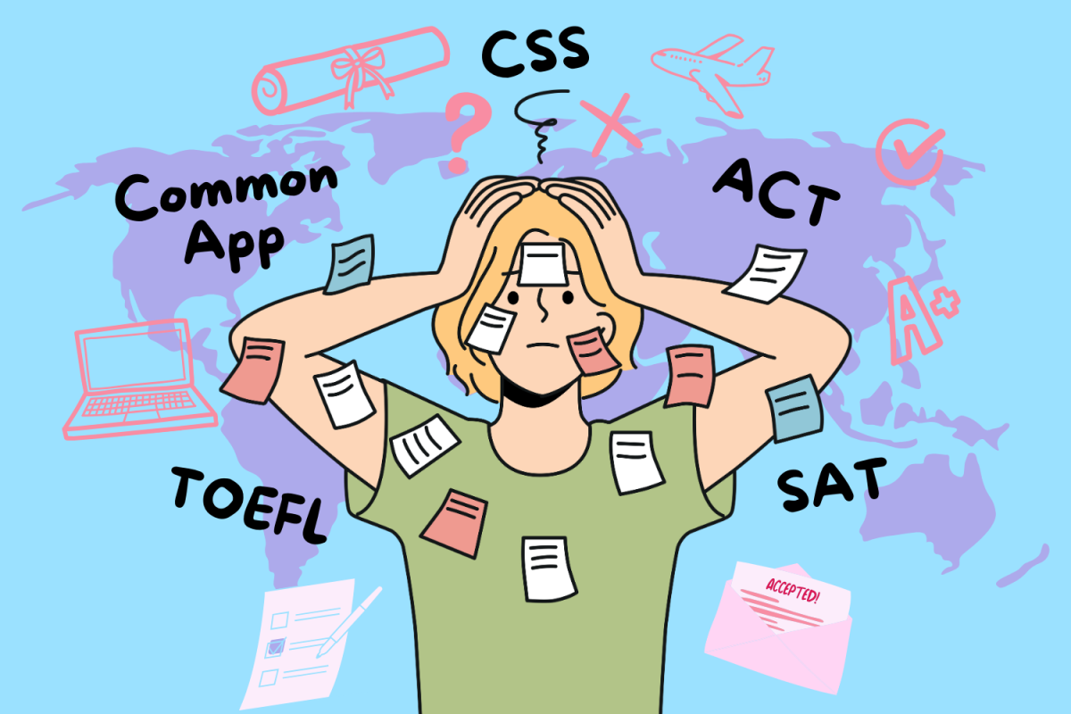 Graphic depicting an overwhelmed international student surrounded by college application buzzwords. (Hustler Multimedia/Sofia El-Shammaa)