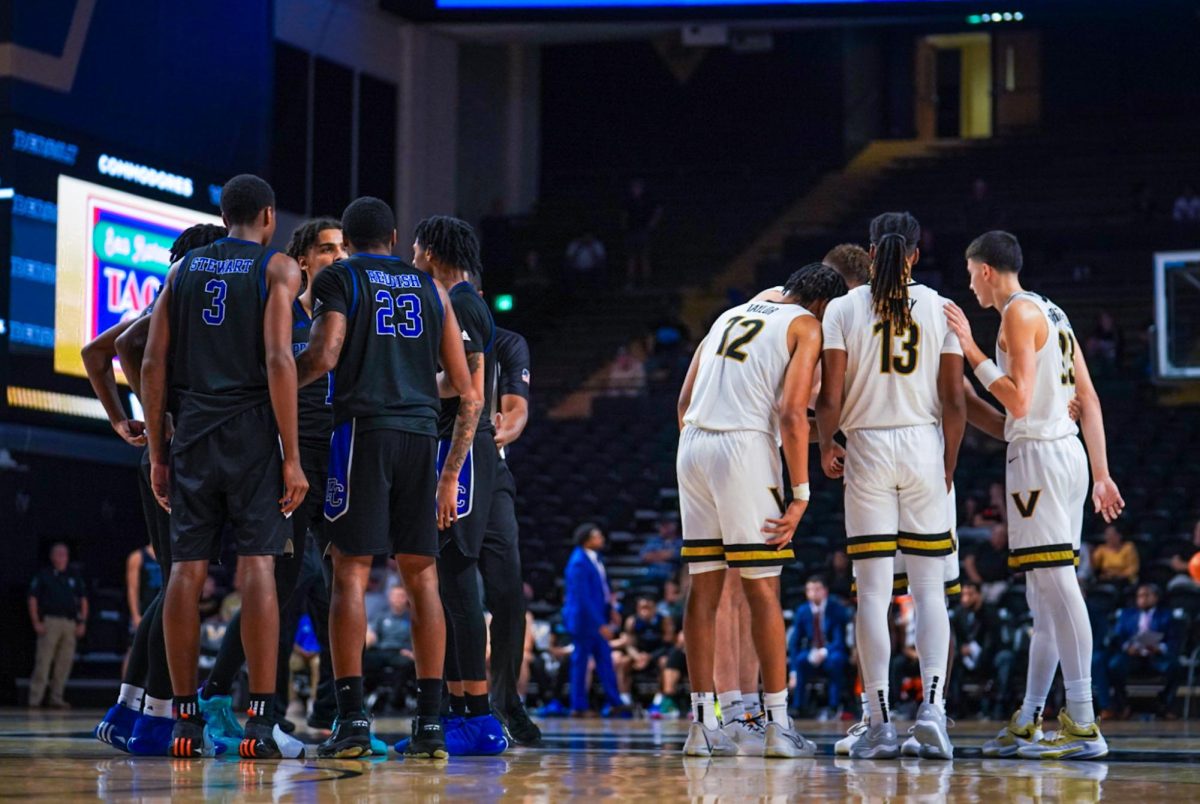 Vanderbilt basketball team players huddle in a time-out during their game vs Presbyterian, as photographed on Nov. 7, 2023. (Hustler Multimedia/Nikita Rohila)