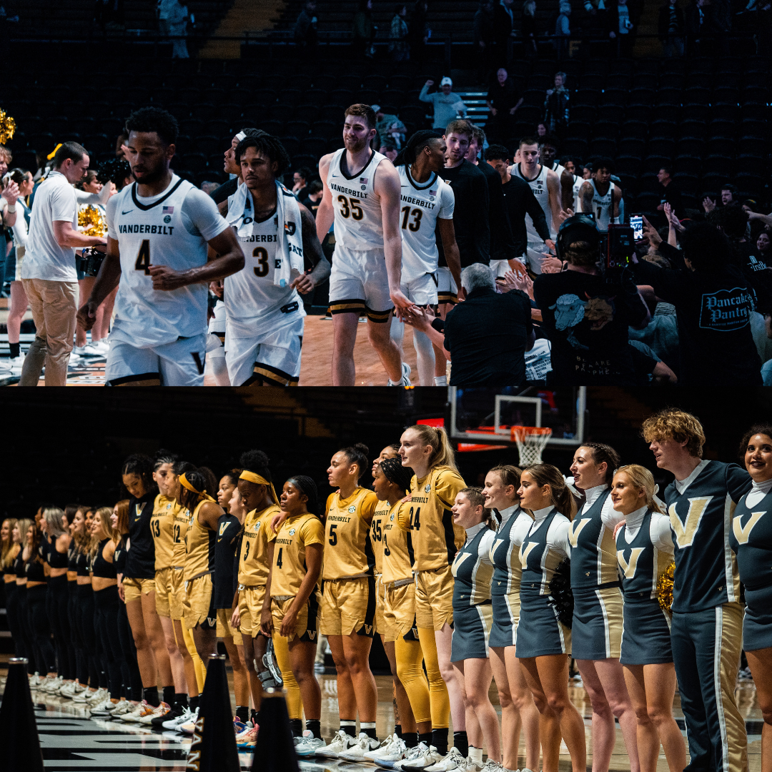 Vanderbilt Women’s Basketball celebrates a victory over Fairfield alongside the cheerleaders and dance team, as photographed on Nov. 12, 2023 and Vanderbilt Mens Basketball team celebrates after victory, as photographed on Nov. 17, 2023. (Hustler Multimedia/Vince Lin)