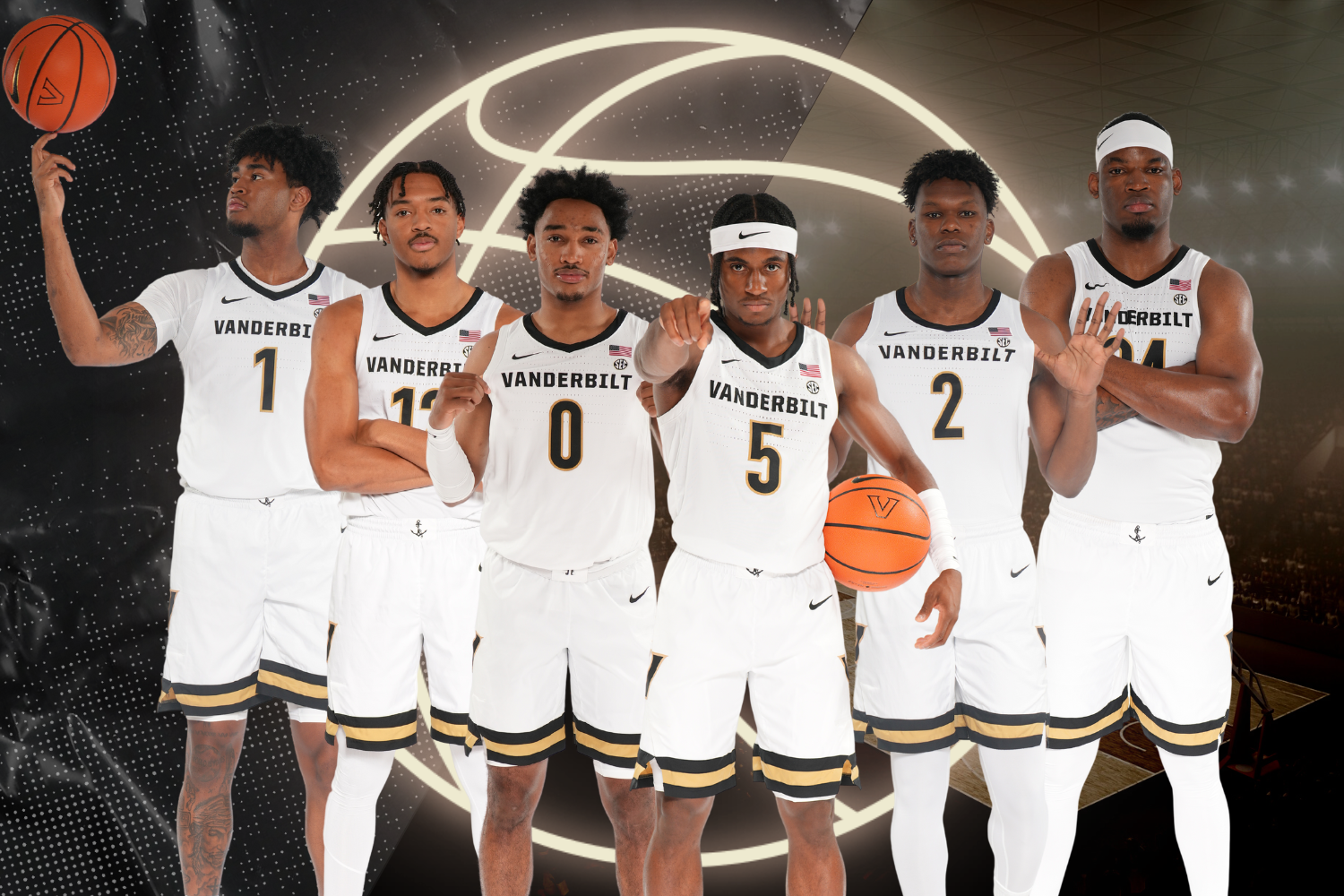 Colin Smith, Evan Taylor, Tyrin Lawrence, Ezra Manjon, Ven Allen-Lubin and Lee Dort (pictured left to right) will all look to play critical roles for Vanderbilt Mens Basketball when its season tips off on Nov. 7, 2023. (Hustler Multimedia/Lexie Perez)