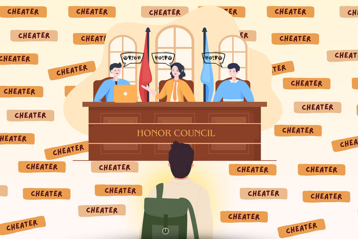 Graphic depicting a student facing the honor council (Hustler Multimedia/Jada Mitchum). 
