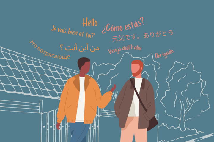 Graphic depicting two students speaking in different languages. (Hustler Multimedia/Lexie Perez)