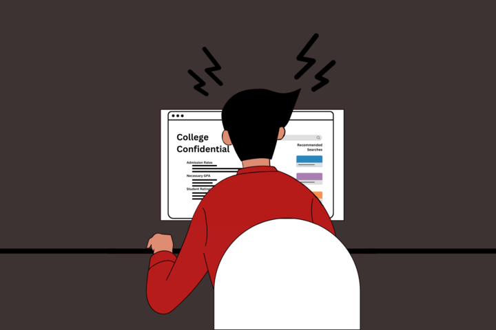 Graphic depicting a student on College Confidential. (Hustler Multimedia/Lexie Perez)
