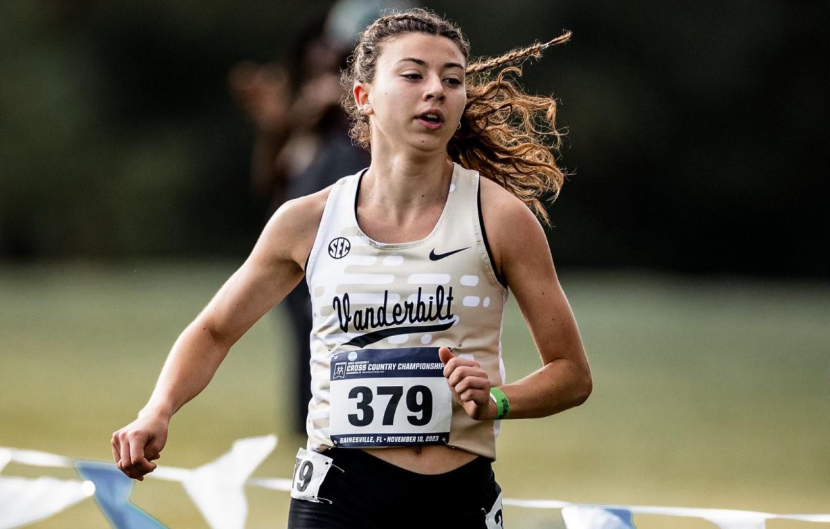 Caroline Eck crosses the finish line as Vanderbilt Womens Cross Country places 12th at the NCAA South Region Championships on Nov. 10, 2023. (Vanderbilt Athletics) 