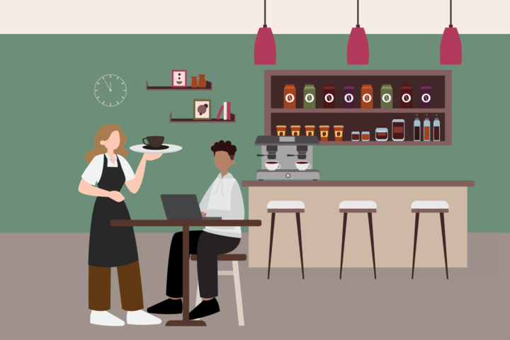 Graphic depicting a person working at a coffee shop. (Hustler Multimedia/Lexie Perez)