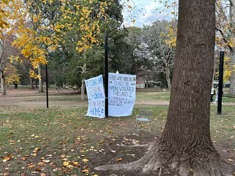 Banners put up by Vanderbilts chapter of Students Supporting Israel and Vanderbilt Chabad, as photographed on Dec. 8, 2023. (Hustler Staff/Zach Joseph)