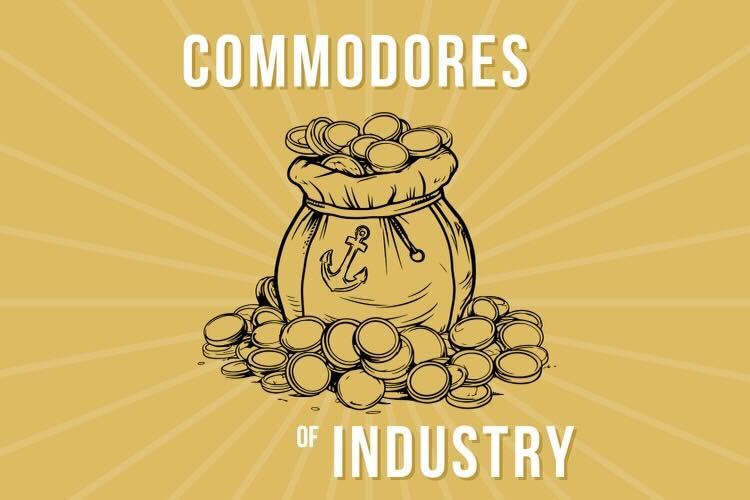 A graphic depicting a bag of coins overflowing with an anchor etched on the bag; includes the words, Commodores of Industry (Hustler Multimedia/ Lexie Perez)