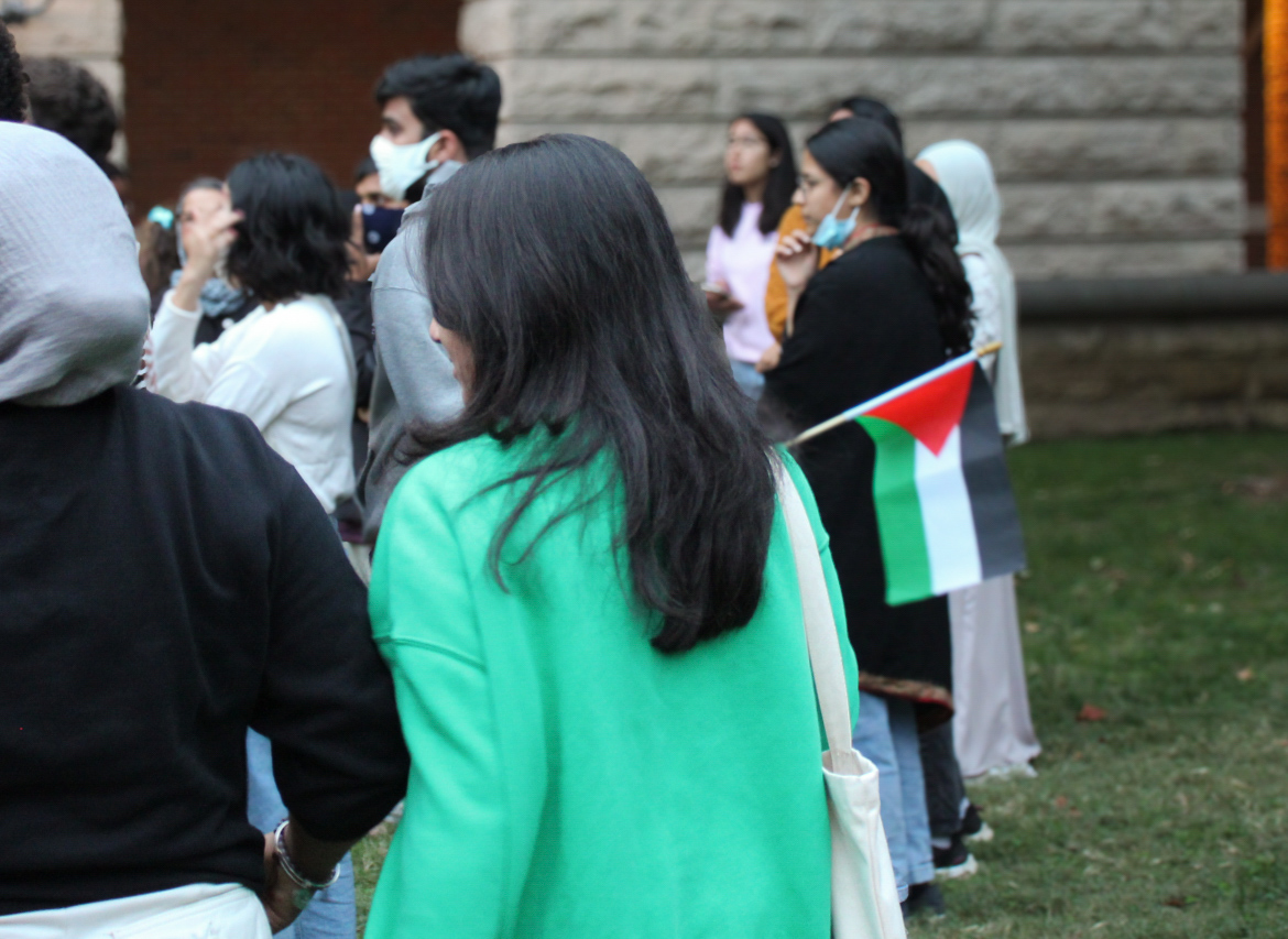 Students support each other as prayers are spoken for lives lost in Palestine, as photographed on Oct. 13, 2023. (Hustler Multimedia/Urmika Nandwani)