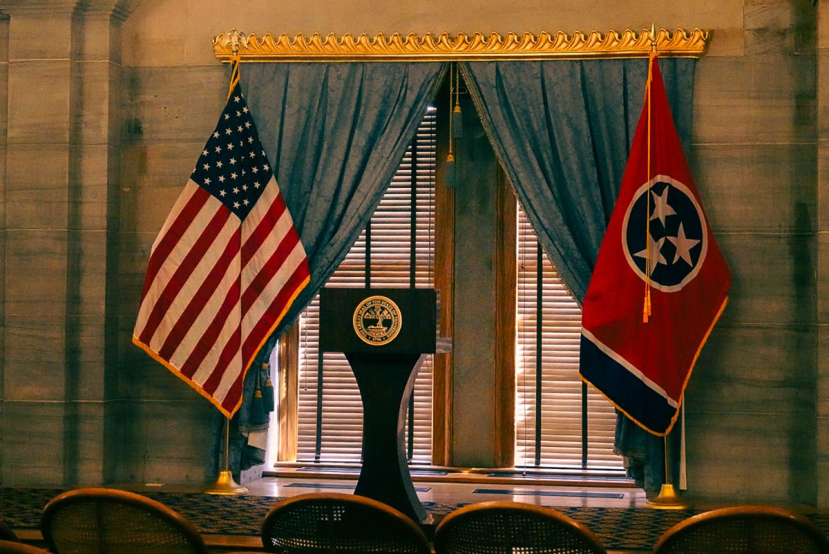A podium inside the Tennessee Supreme Court, as photographed on Sept. 14, 2023. (Hustler Multimedia/Michael Tung)