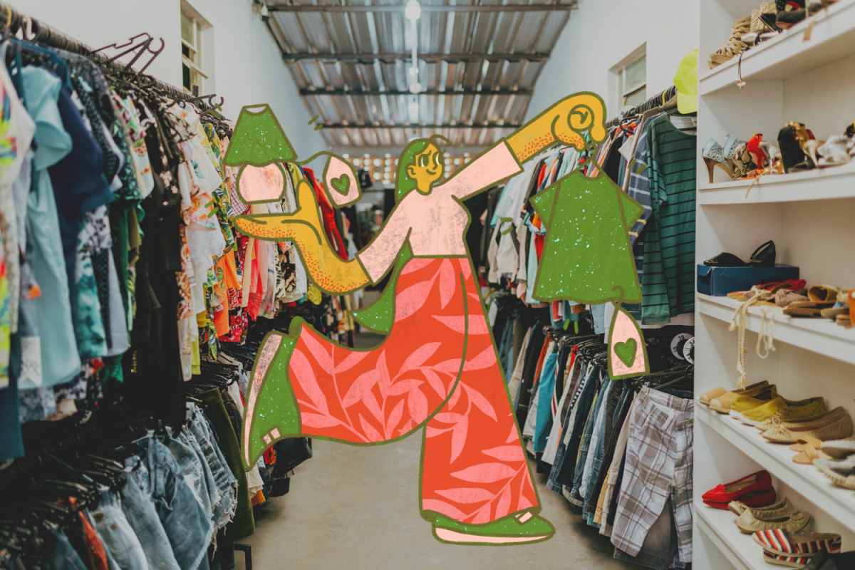 Graphic depicting a girl holding a shirt and a lamp in a thrift store. (Hustler Multimedia/Lexie Perez)