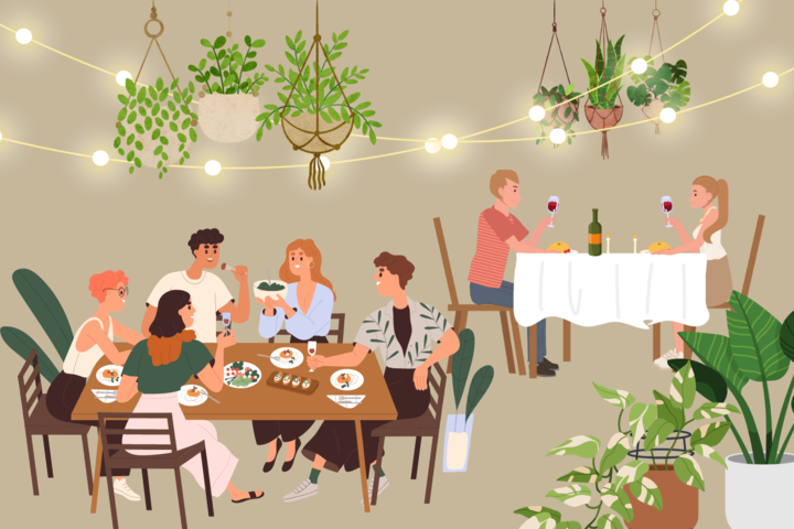 A graphic depicting two groups of people sitting around dinner tables, surrounded by string lights and plants. (Hustler Multimedia/Zarrin Zahid)