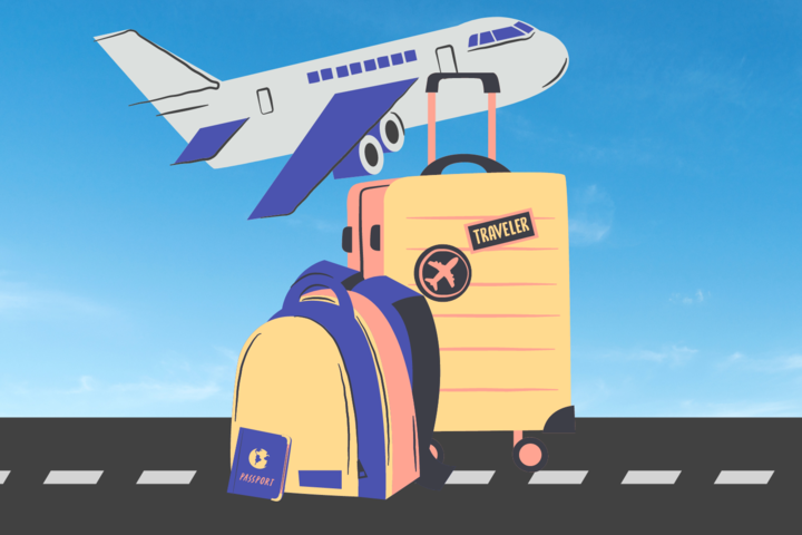 Graphic depicting a plane and luggage against a blue background. (Hustler Multimedia/Lexie Perez)
