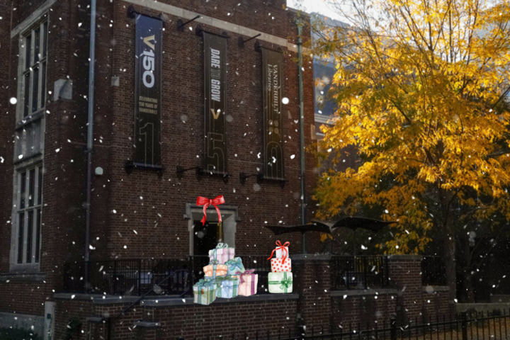 Graphic depicting gifts and falling snow at Central Library. (Hustler Multimedia/Lexie Perez)