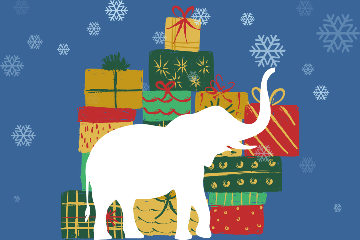 A+graphic+depicting+an+outline+of+an+elephant+in+front+of+a+pile+of+holiday+gifts.+%28Hustler+Multimedia%2FLexie+Perez%29