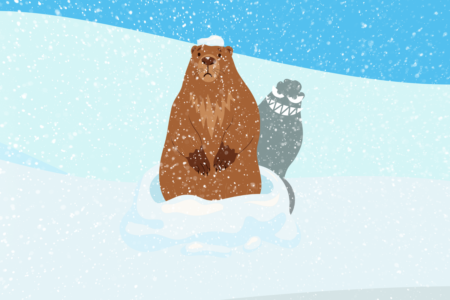 A frowning groundhog sits in a blizzard while his shadow sports an evil grin. (Hustler Multimedia/Sofia El-Shammaa)