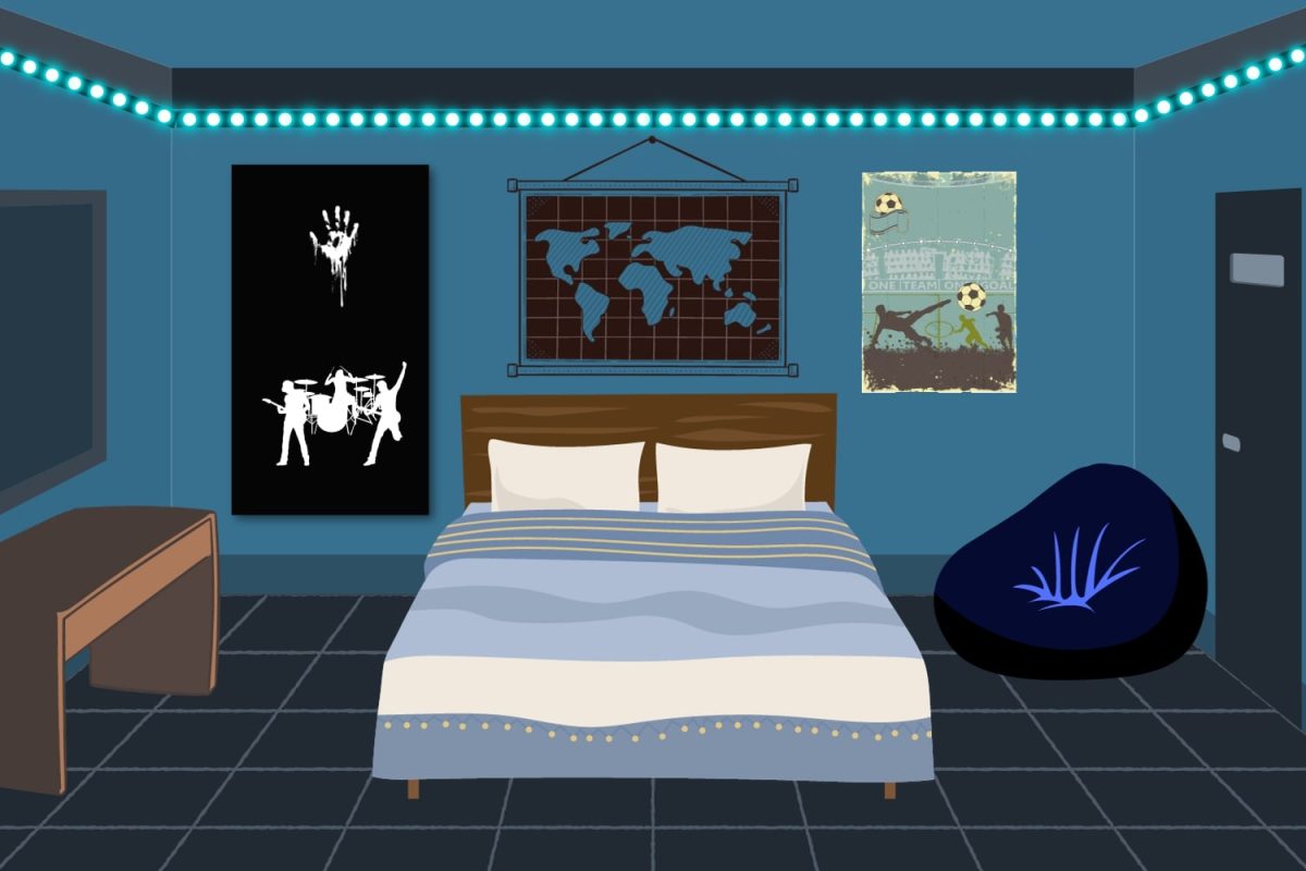 Graphic depicting simple forms of typical men’s dorm decorations. (Hustler Graphics/Zarrin Zahid)