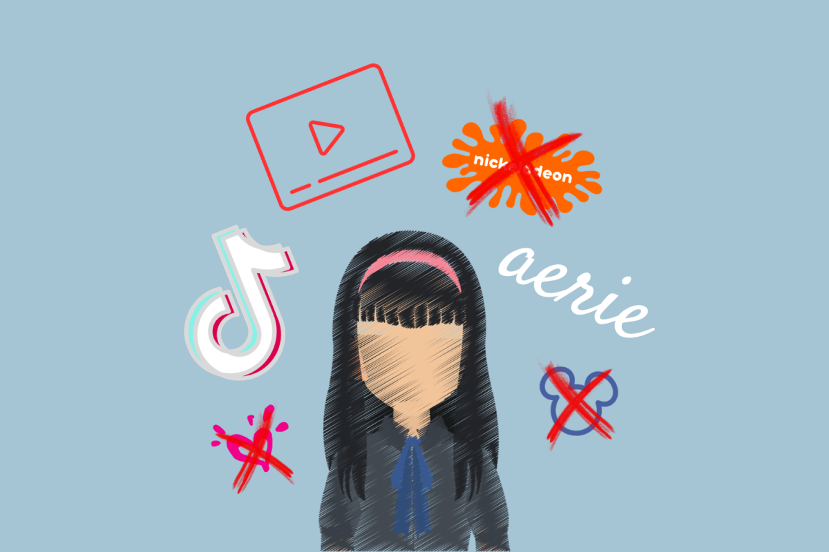 Graphic depicting a tween girl surrounded by popular social media apps and clothing brands. (Hustler Multimedia/Lexie Perez)
