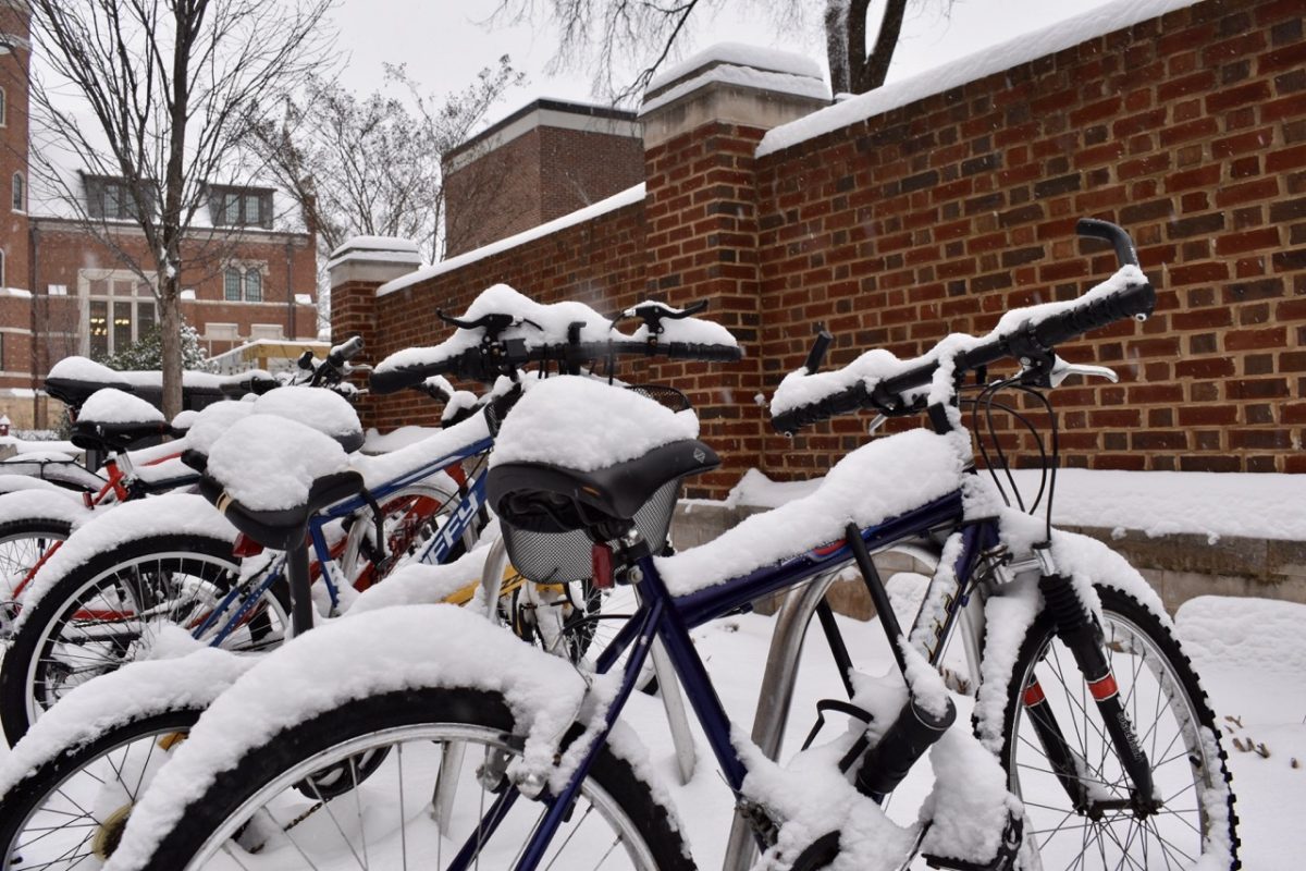 Snow accumulates on bicycles outside of Rothschild College, as photographed Jan. 15, 2024 (Hustler Multimedia/Amelia Simpson)