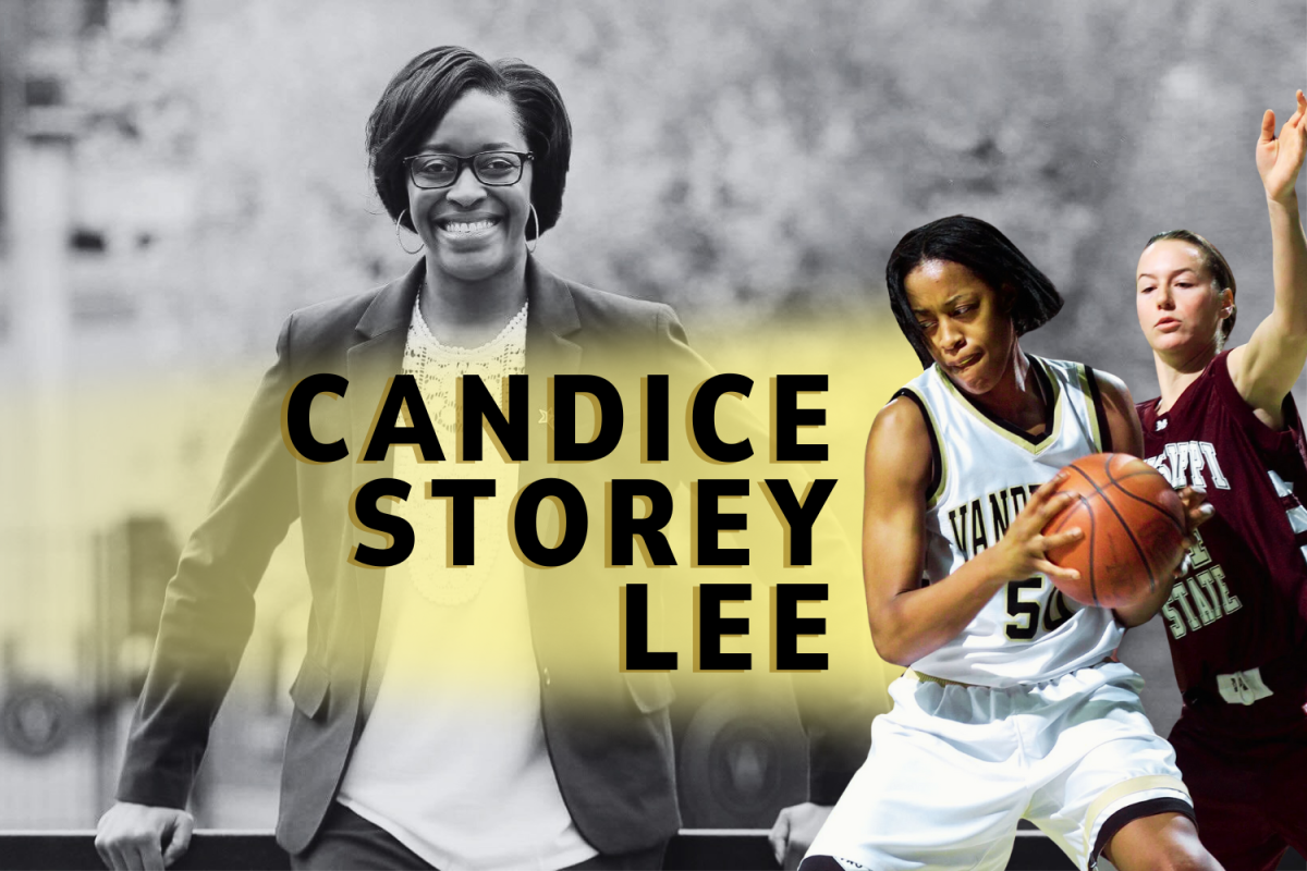 Candice Storey Lee protecting the basketball during her college career mirrored with a picture of Lee smiling now. (Hustler Multimedia/Lexie Perez)