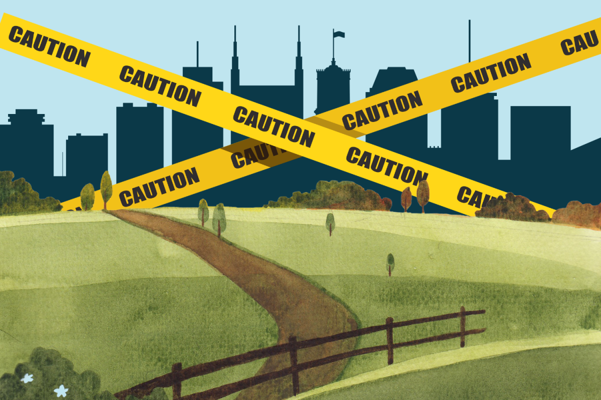 Graphic depicting the Nashville skyline behind caution tape (Hustler Multimedia/Lexie Perez).