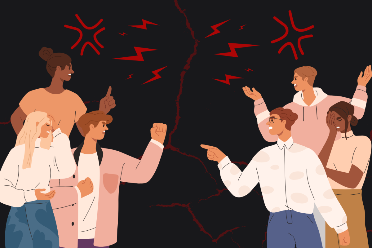 A graphic depicting several people arguing with one another. (Hustler Multimedia/Lexie Perez)