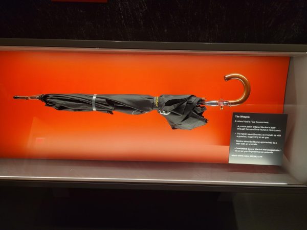 An umbrella-like object in the International Spy Museum is suspected to have been used to assassinate Georgi Markov, as photographed on Jan. 5, 2024. (Hustler Multimedia/Lyton Mhlanga)