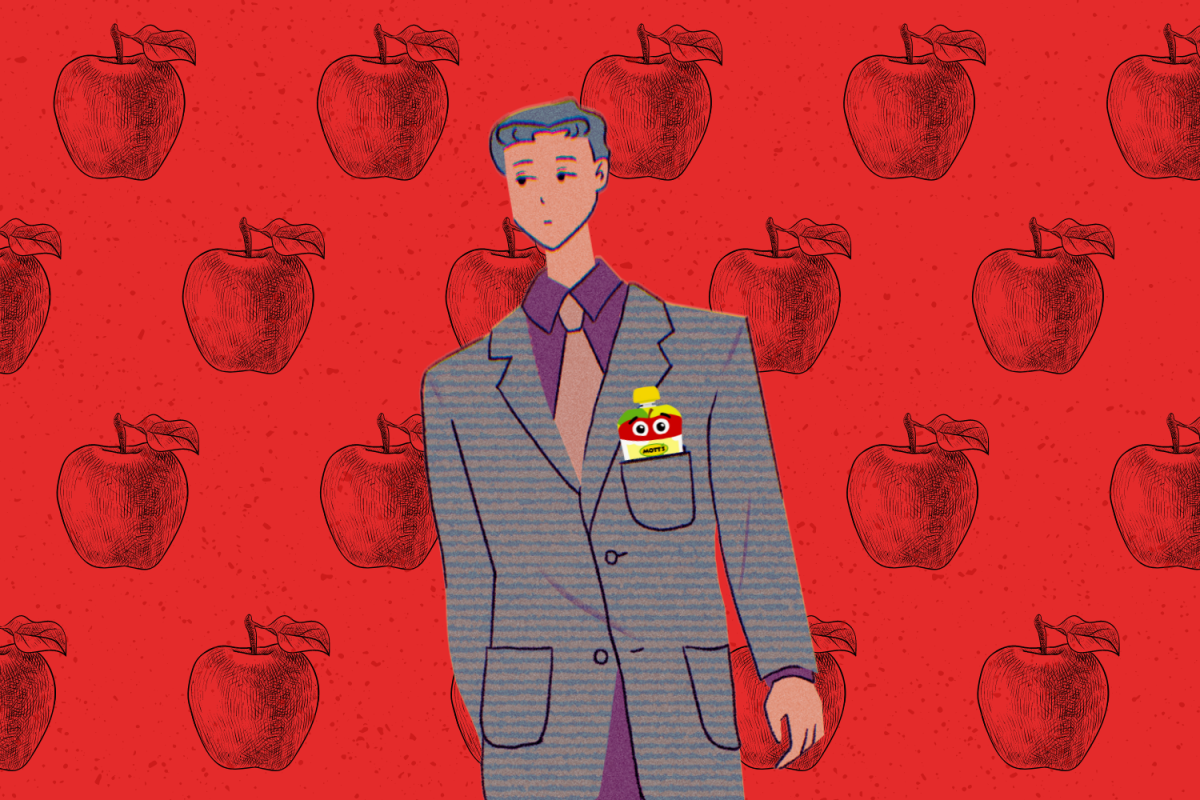 A graphic depicting a well-dressed person sporting a pouch of applesauce (Hustler Multimedia/Lexie Perez).