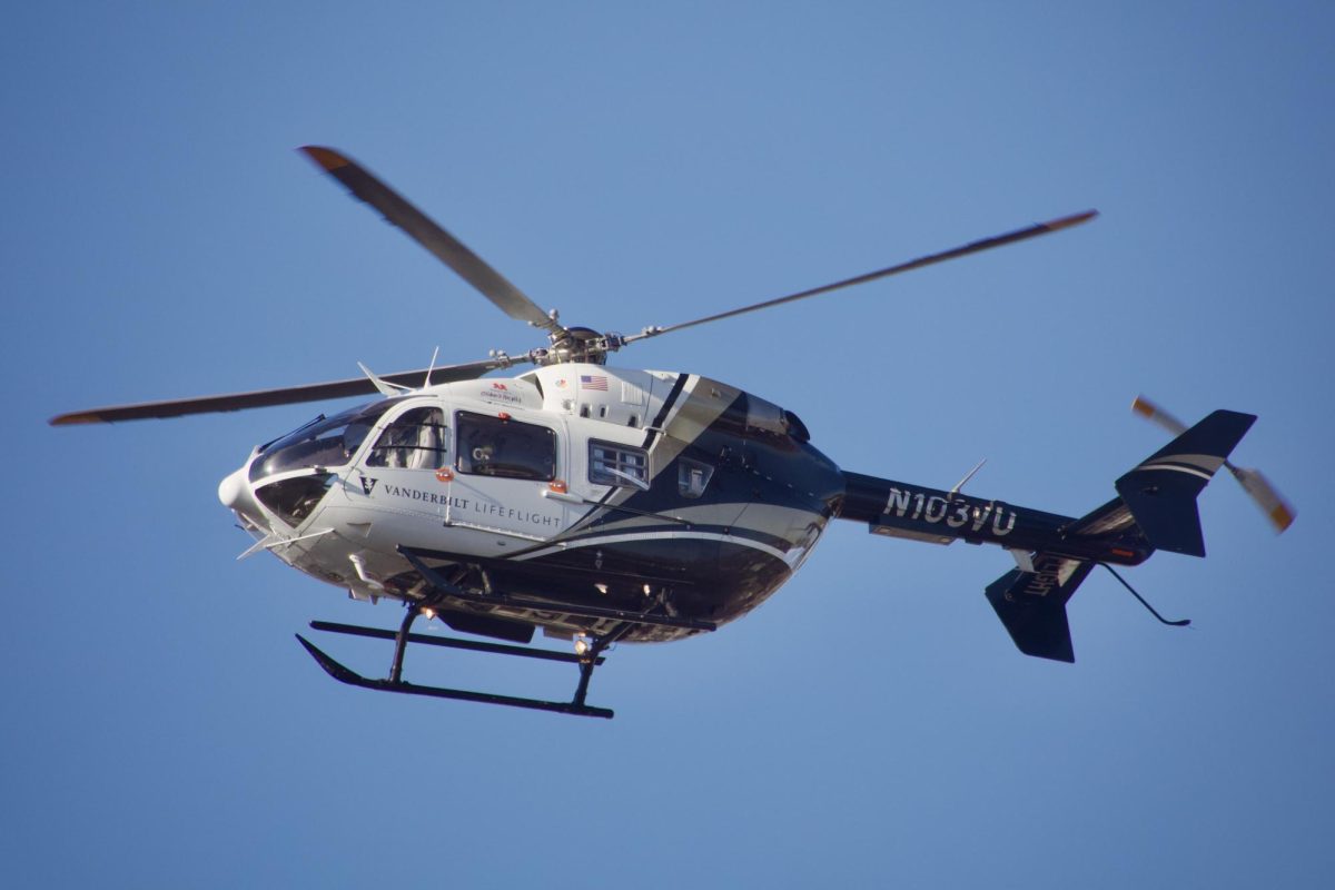 An Airbus H145 medical helicopter of Vanderbilt LifeFlight (N103VU) approaches VUMC, captured on Feb. 2, 2024. (Hustler Multimedia/Royce Yang)