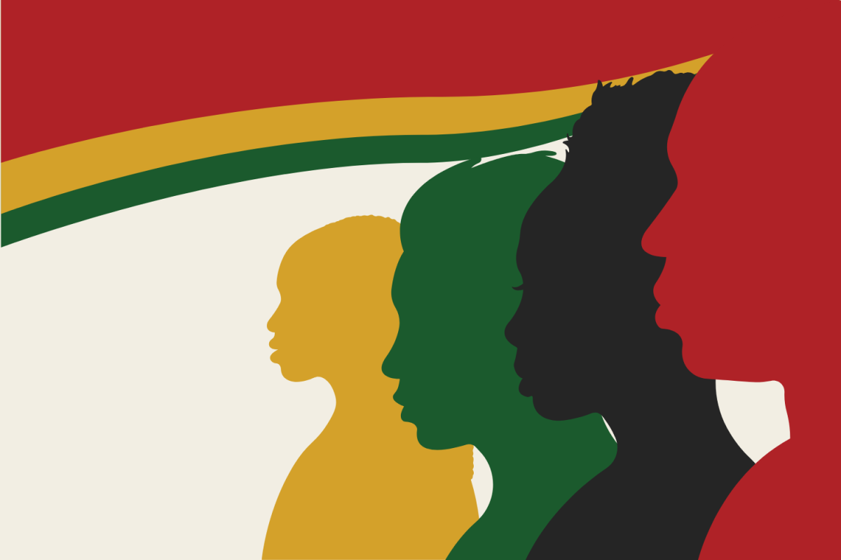 Graphic depicting four silhouettes in the colors of Black History Month: yellow, green, black and red. (Hustler Multimedia/Sofia El-Shammaa)