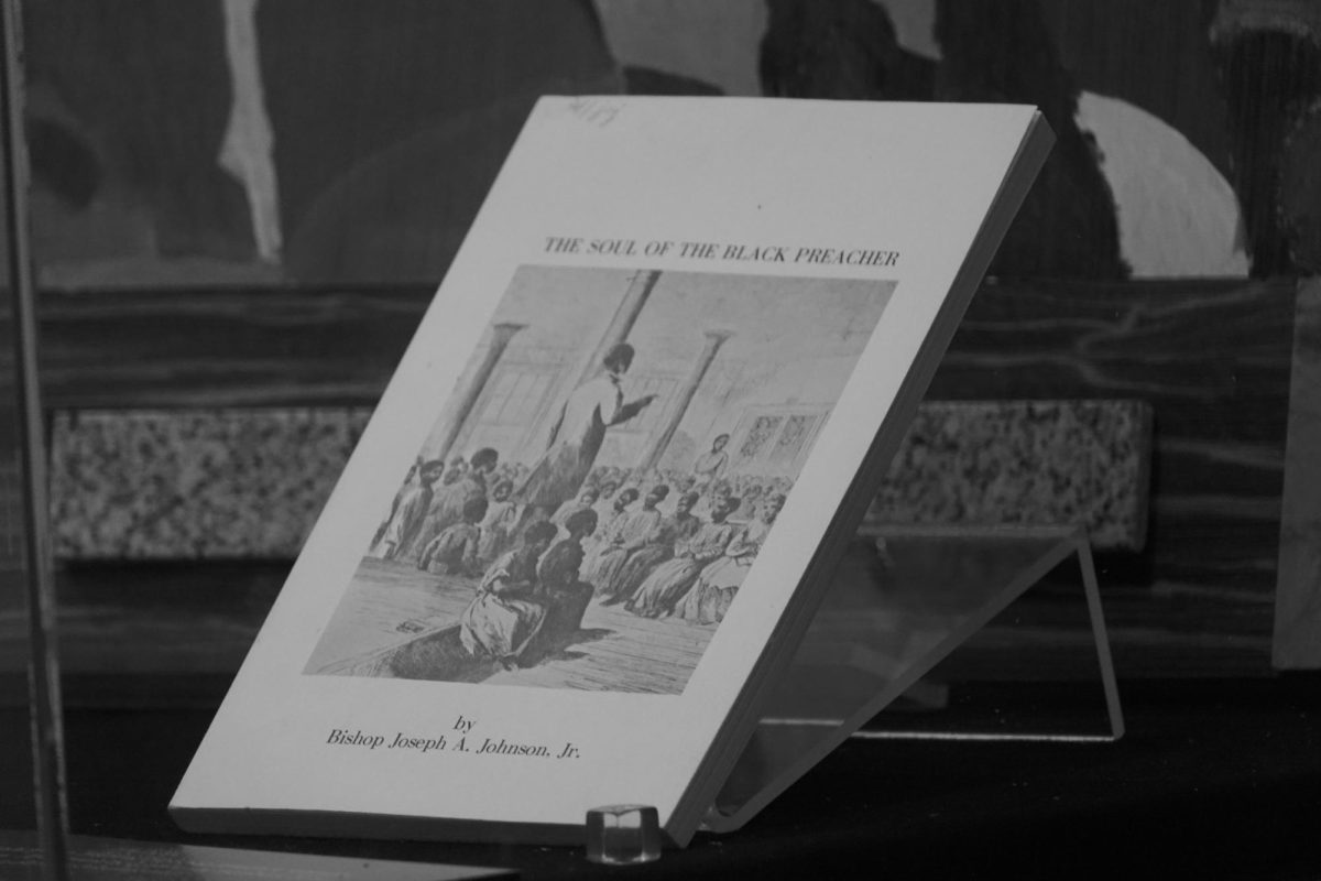 Black-and-white photograph of a book on display at the Vanderbilt School of Divinity, as photographed on Feb. 9, 2024. (Hustler Multimedia/George Albu)