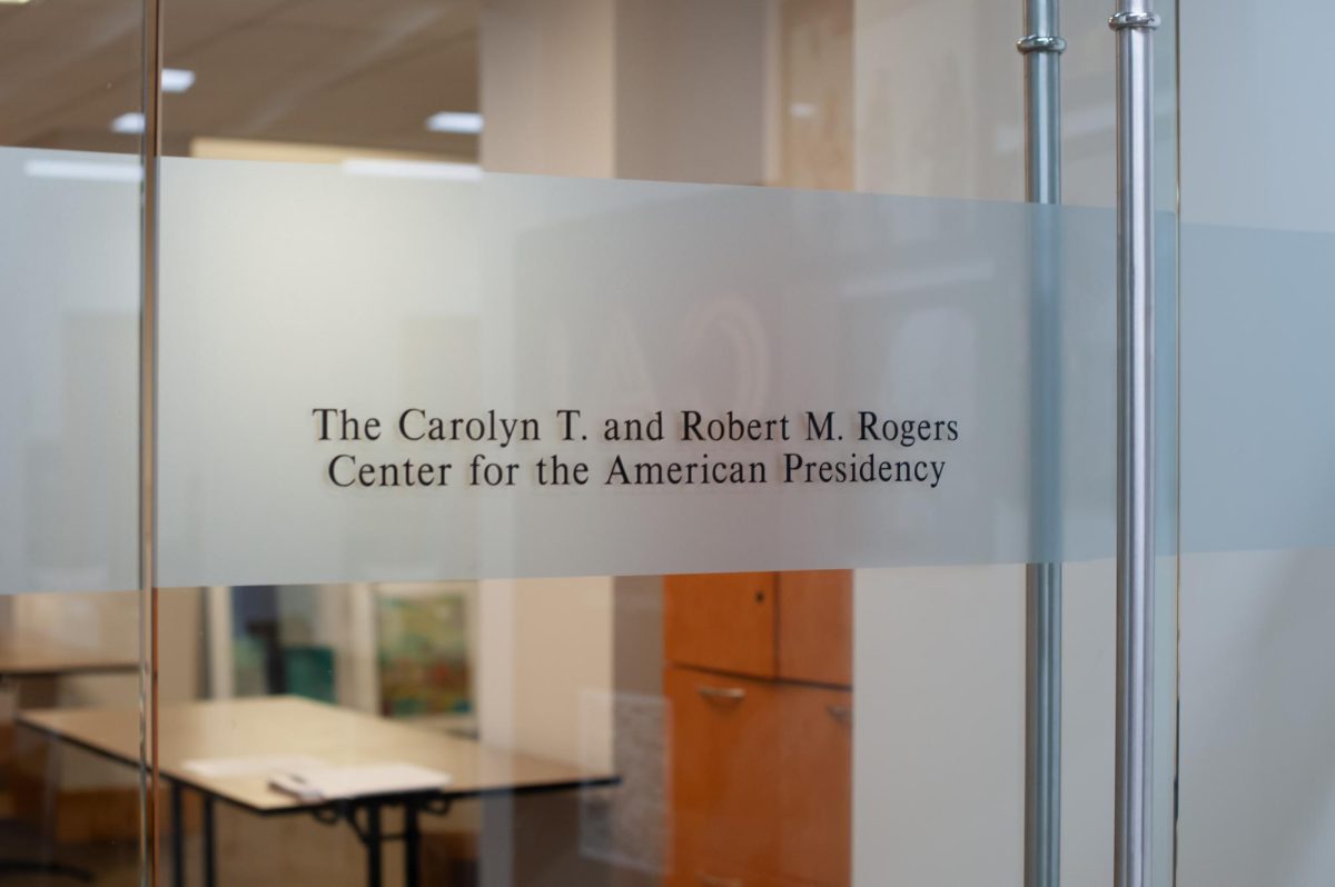 A door sign for the new Carolyn T. and Robert M. Rogers Center for the American Presidency, as photographed on Feb. 21, 2024. (Hustler Multimedia/Sieran Weatherly)