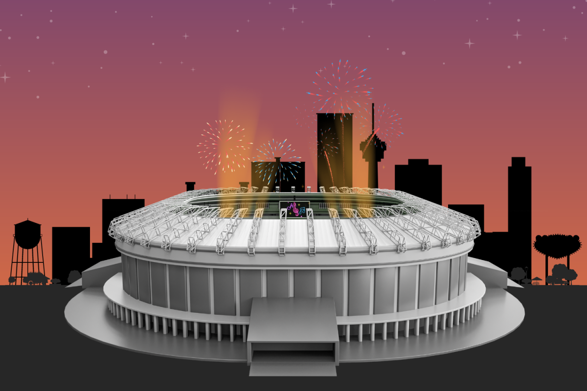Graphic depicting a football stadium with fireworks against a city skyline. (Hustler Multimedia/Lexie Perez)