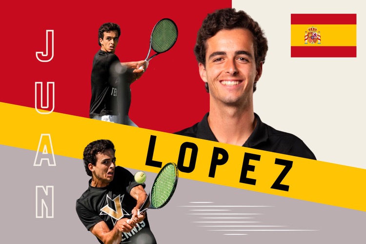 Juan Lopez hitting backhands with the image of the flag of Spain. (Hustler Multimedia/Lexie Perez)