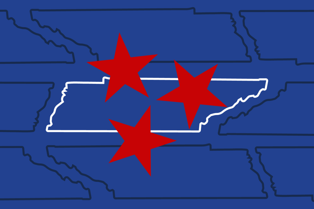 A graphic depicting the three red stars of the Tennessee state flag over a blue background with outlines of the state. (Hustler Multimedia/Lexie Perez)