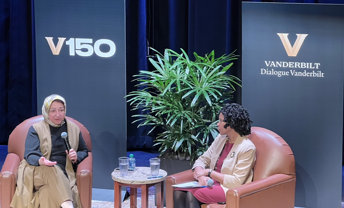 Maha Elgenaidi talks with Dean Yolanda Pierce at a Dialogue Vanderbilt event, as photographed on Feb. 19, 2024. (Hustler Staff/Shahbano Raza)