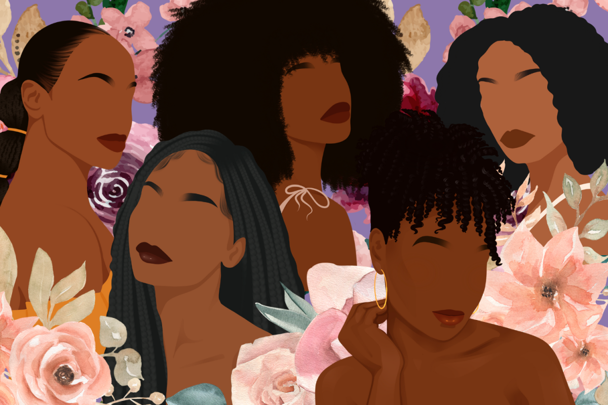 Graphic depicting Black women with various hairstyles and surrounded by flowers (Hustler Multimedia/Zarrin Zahid) 