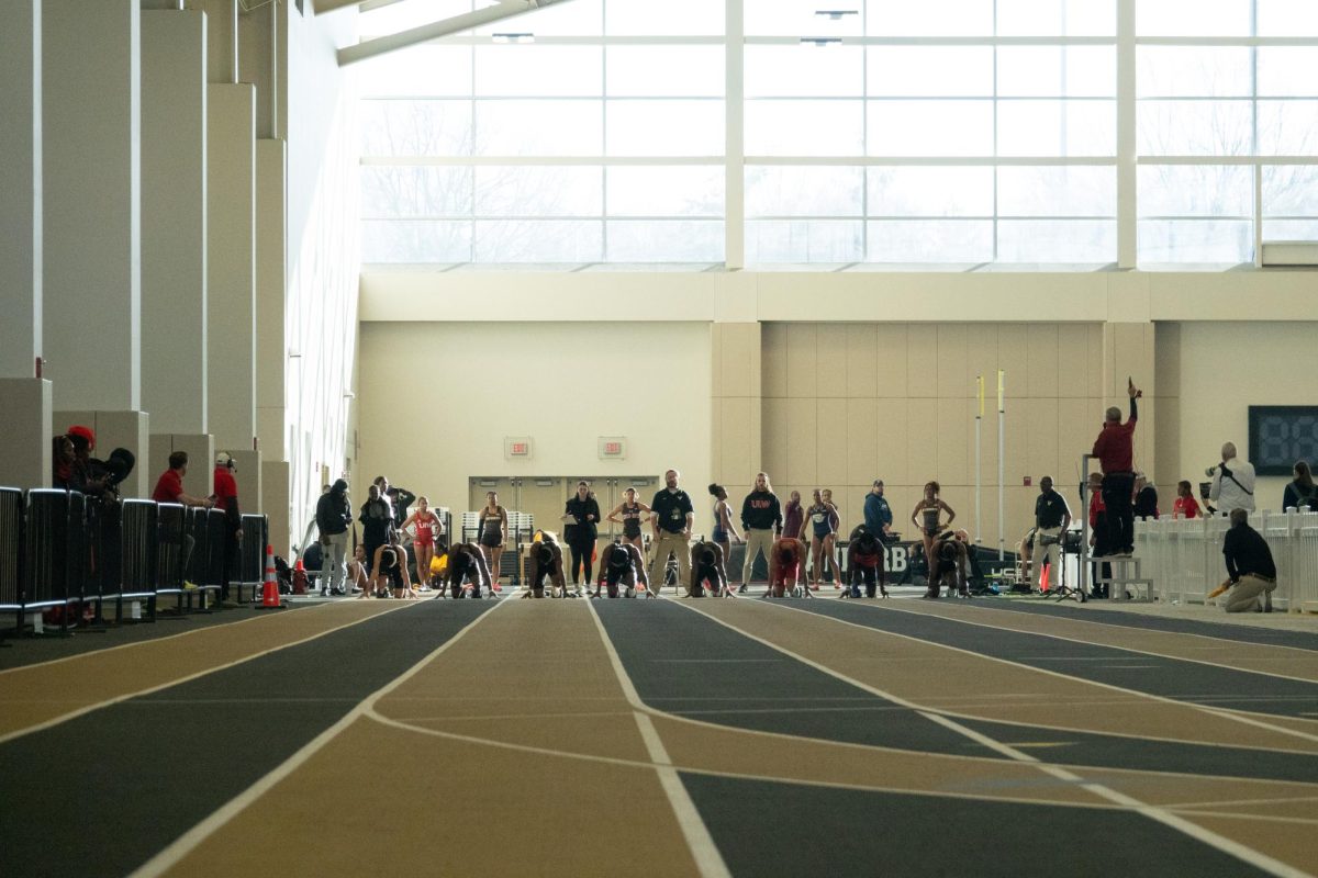 Athletes in position for the 60-meter dash at the Vanderbilt Invitational track and field meet, as photographed on Jan. 20, 2024. (Hustler Multimedia/Lana English)