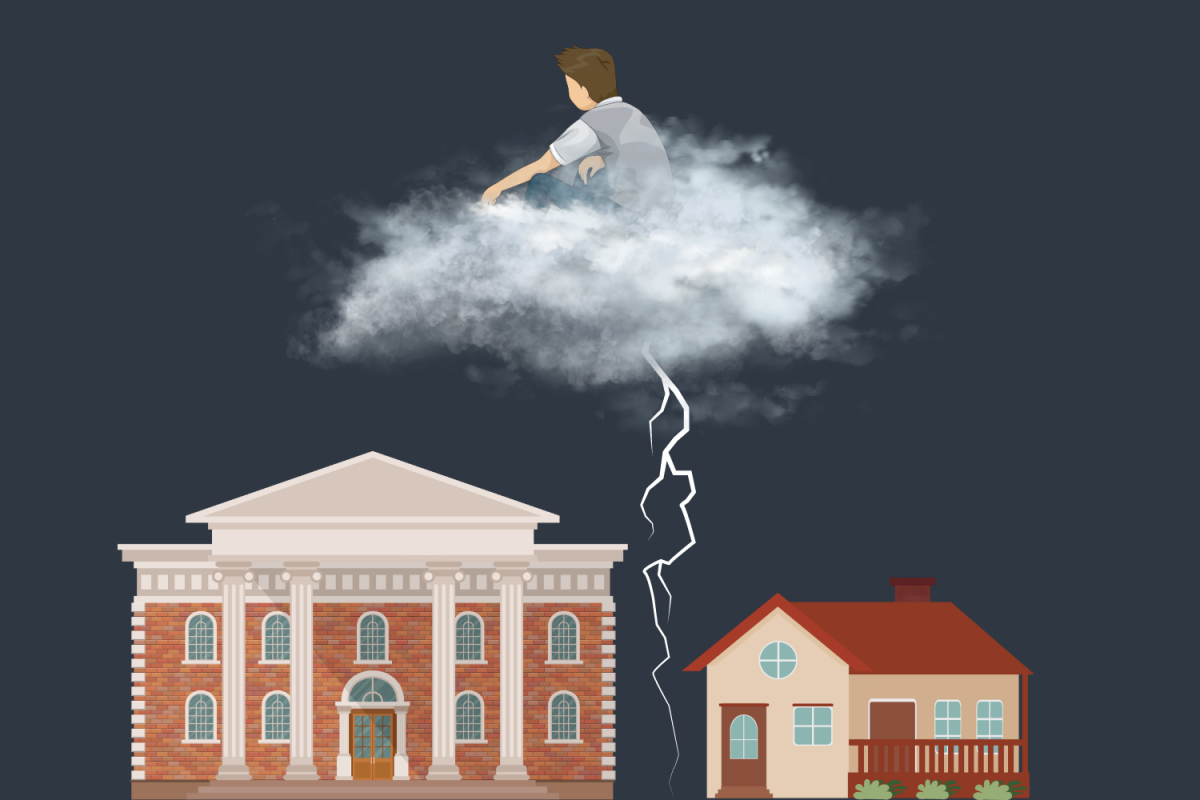 Graphic depicting a student sitting on a stormy cloud emitting a lightning bolt, splitting a house and an academic building. (Hustler Multimedia/Lexie Perez)