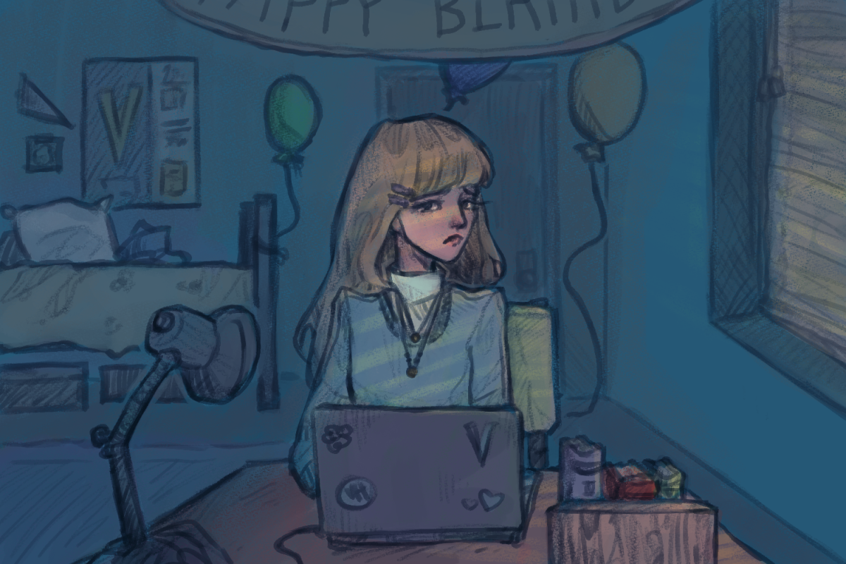 Graphic depicting sad girl in front of computer with birthday decorations in background (Hustler Multimedia/Amanda Dai)