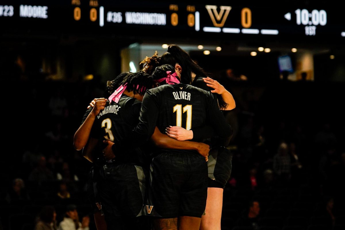 Players on Vanderbilt huddle before the game, as photographed on Feb. 5, 2024(Michael Tung/Hustler Multimedia).