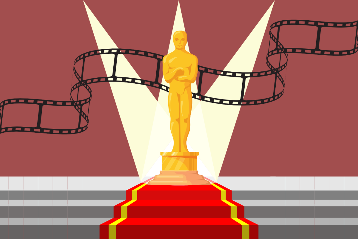 Graphic depicting a golden trophy in front of a roll of film. (Hustler Multimedia/Sofia El-Shammaa)  