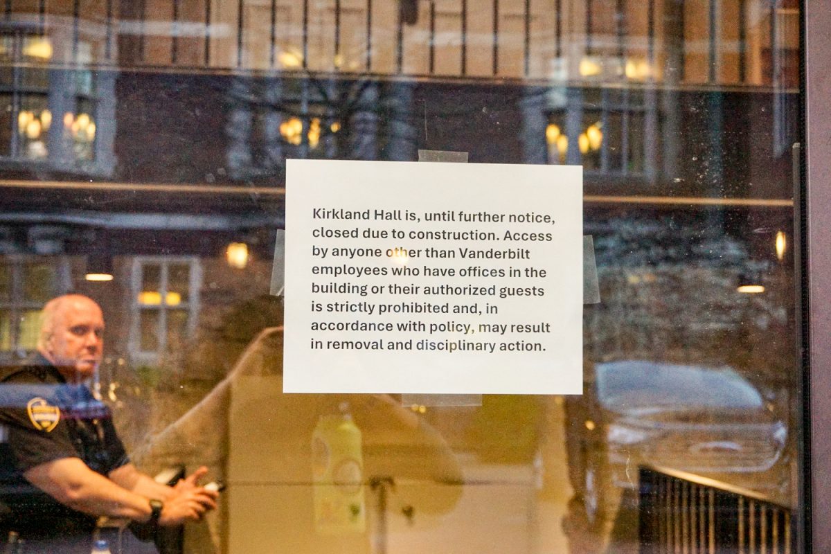 Sign claiming Kirkland Hall is under construction and entry is restricted to faculty and staff, as photographed on March 26, 2024 (Hustler Multimedia/Miguel Beristain)
