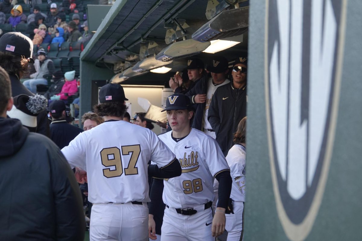 Vandy players converse in the dugout during innings, as photographed on Feb 17, 2024. (Hustler Multimedia/Ashley Hofflander)
