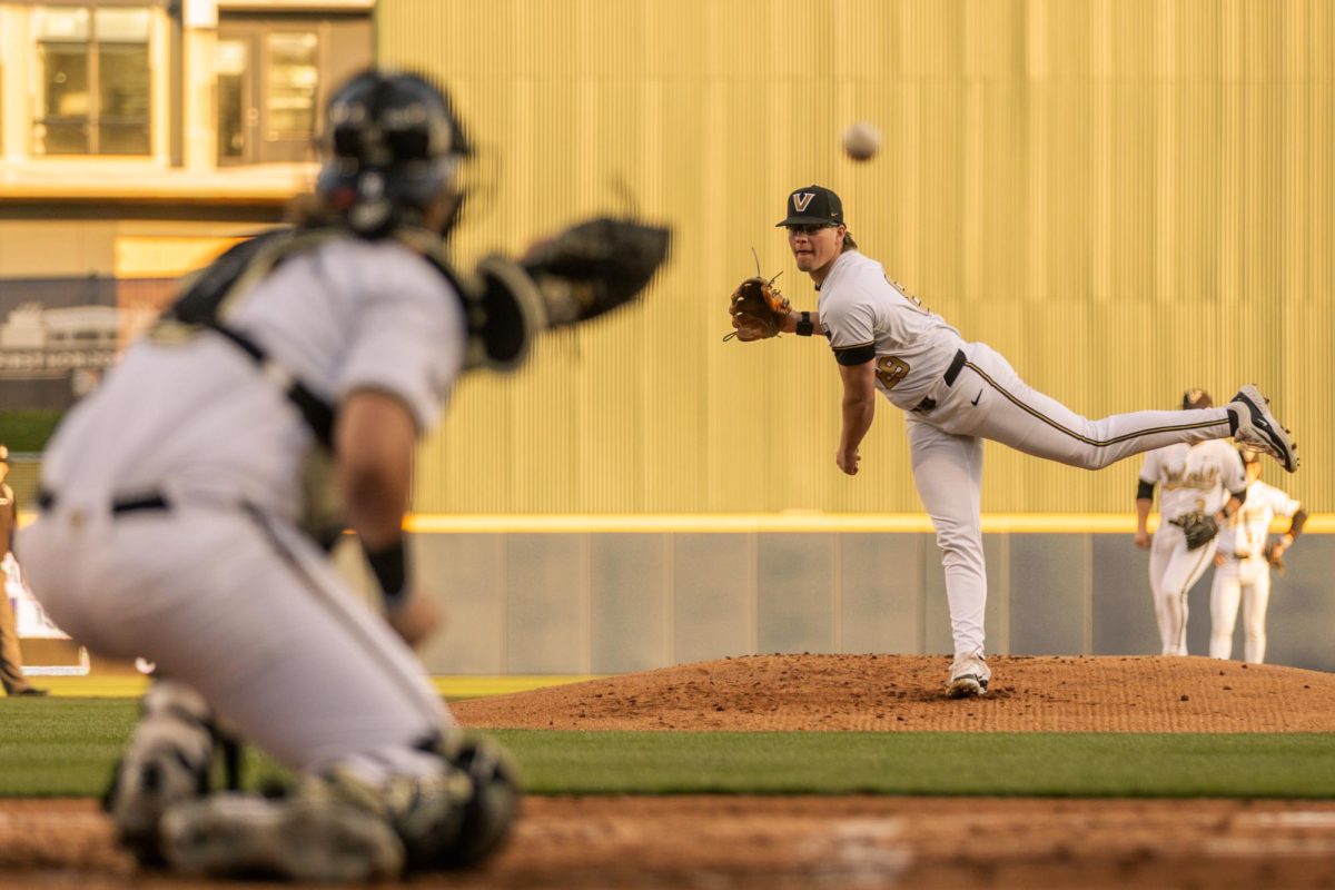 Ethan MacElvain throws a pitch during Vanderbilts game against Belmont, as photographed on March 19, 2024. (Hustler Multimedia/Josh Rehders)