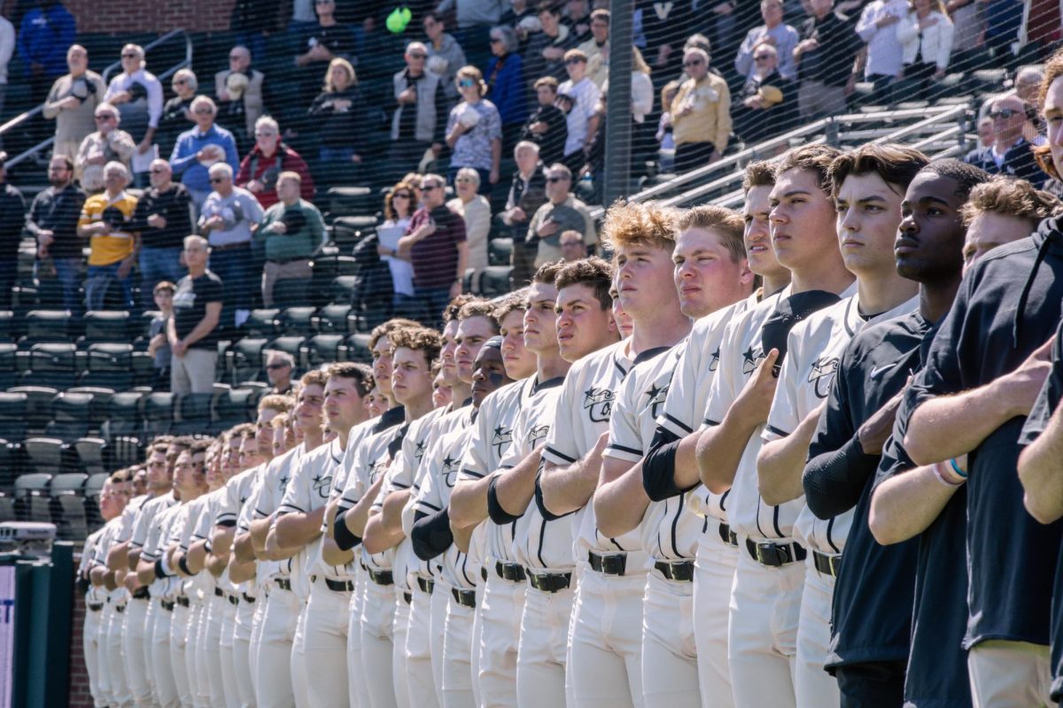 The players line up for the national anthem before Vanderbilt’s game against Auburn, as photographed on March 16, 2024. (Hustler Multimedia/Josh Rehders)