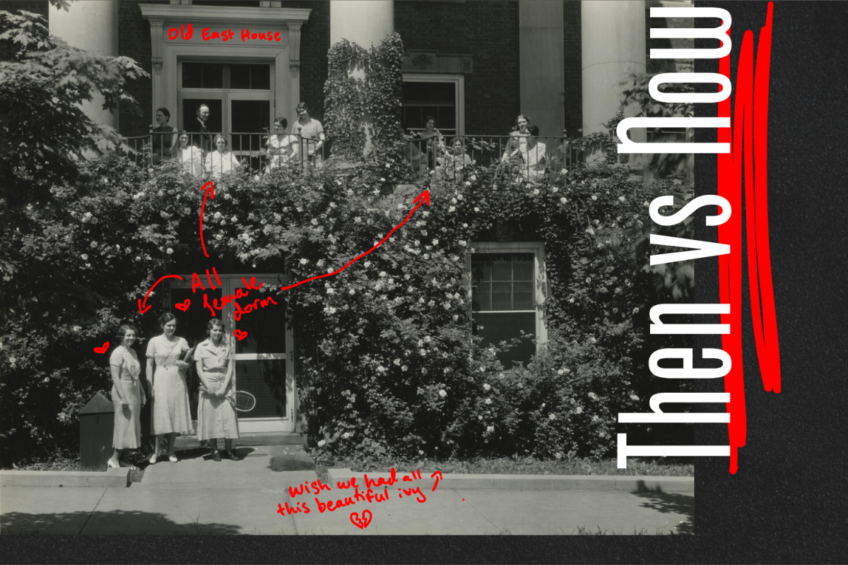 Graphic of an annotated black-and-white photograph of East Hall in the past. (Hustler Multimedia/Sofia El-Shammaa)