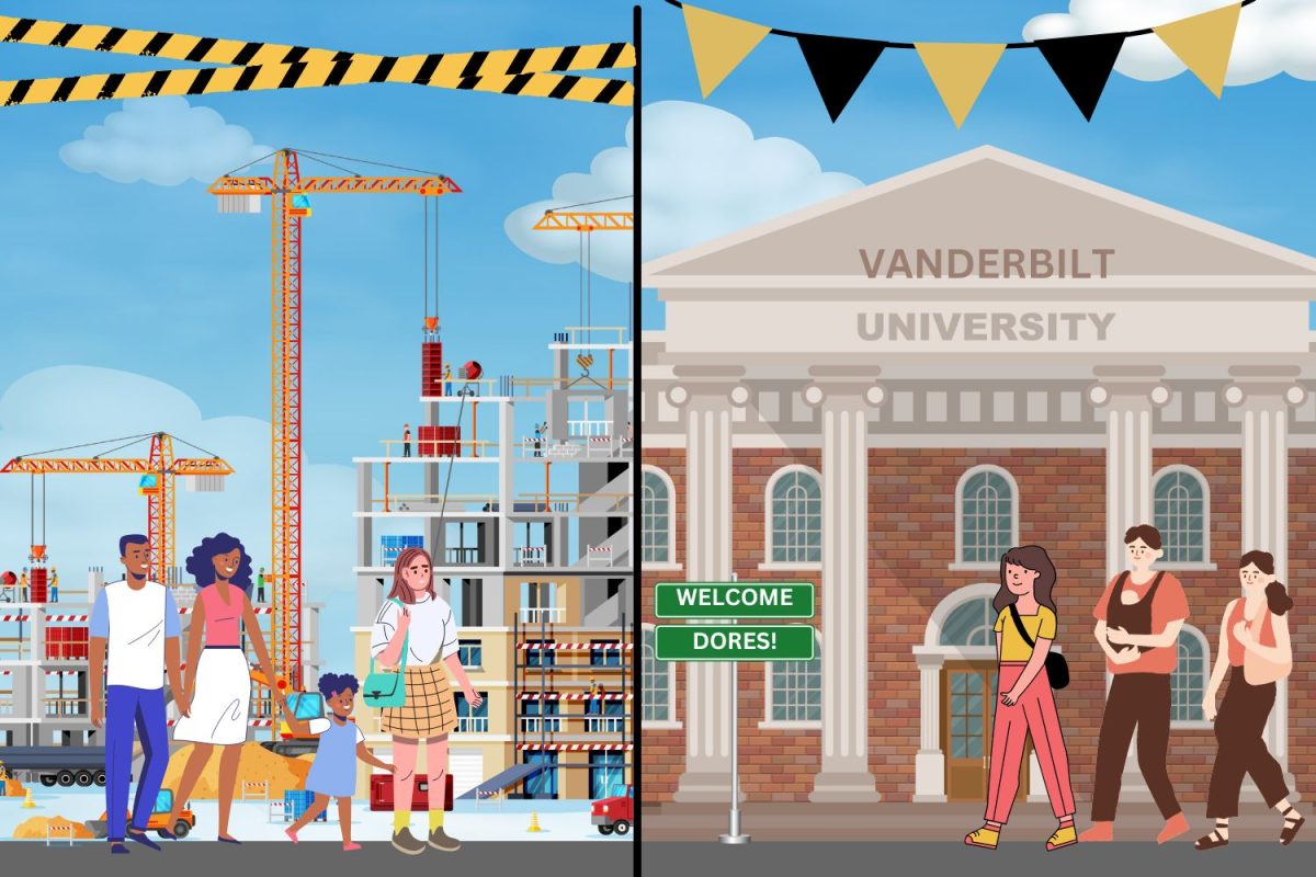 A graphic depicting a family going to a construction site and another in front of a building labeled “Vanderbilt University.” (Hustler Multimedia/Gauri Agarwal)