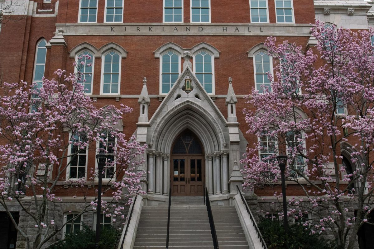 The entrance to Kirkland Hall adorned with blossoms, as captured on March 7, 2024. (Hustler Multimedia/Savannah Walske)