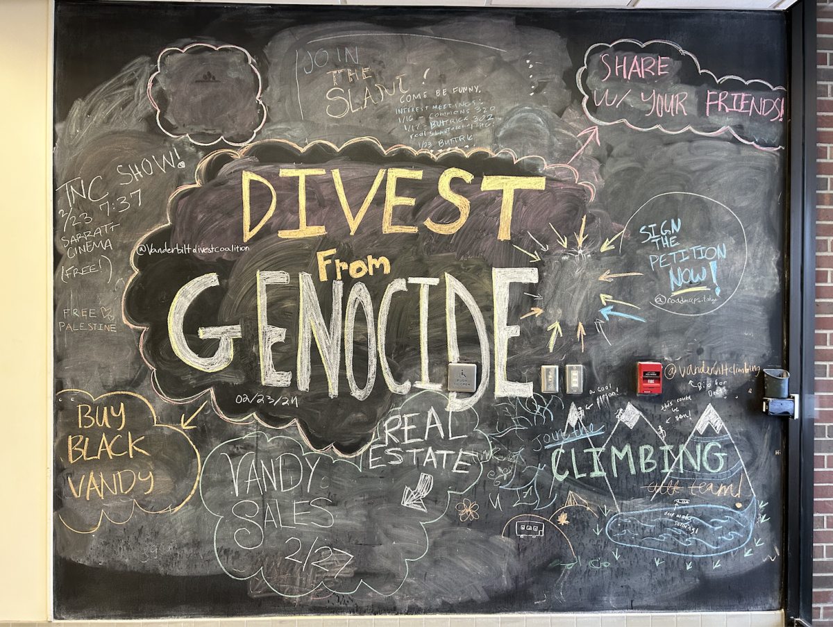 “Divest from genocide” written in chalk on the wall in Rand, as photographed on Feb. 25, 2024. (Hustler Multimedia/Alison Winters)
